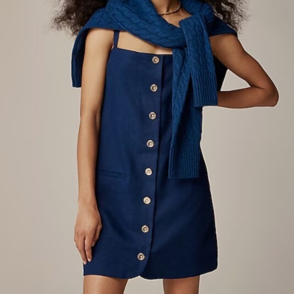 J.Crew Claudia Linen Navy Dress Buttons Front Straps Tennis Prep Large Tall